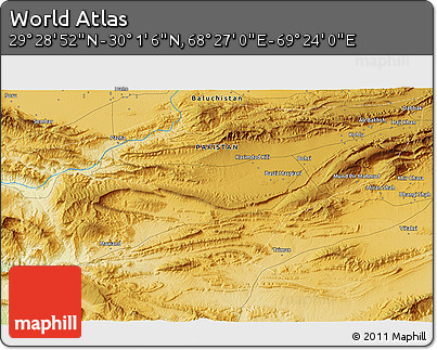 Physical 3D Map of the Area around 29° 44' 59" N, 68° 55' 30" E