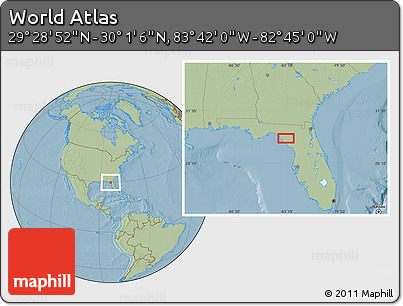 Savanna Style Location Map of the Area around 29° 44' 59" N, 83° 13' 29" W, hill shading