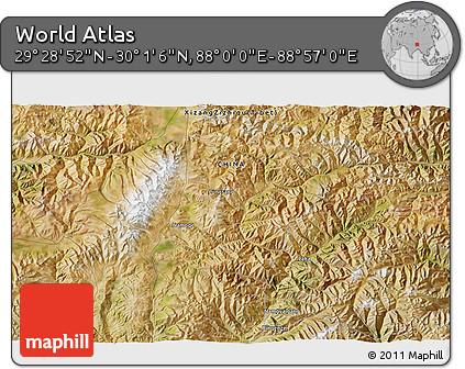 Satellite 3D Map of the Area around 29° 44' 59" N, 88° 28' 29" E
