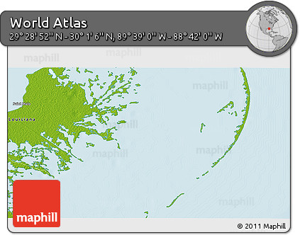 Physical 3D Map of the Area around 29° 44' 59" N, 89° 10' 30" W