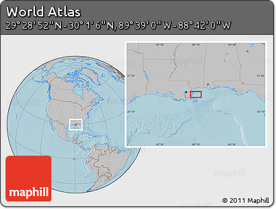 Gray Location Map of the Area around 29° 44' 59" N, 89° 10' 30" W, hill shading
