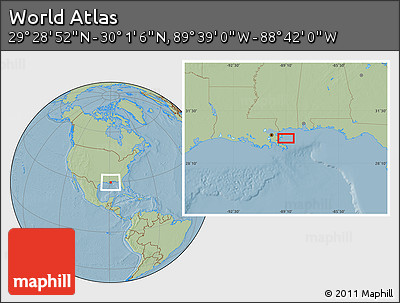 Savanna Style Location Map of the Area around 29° 44' 59" N, 89° 10' 30" W, hill shading