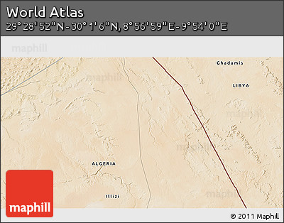 Satellite 3D Map of the Area around 29° 44' 59" N, 9° 25' 30" E