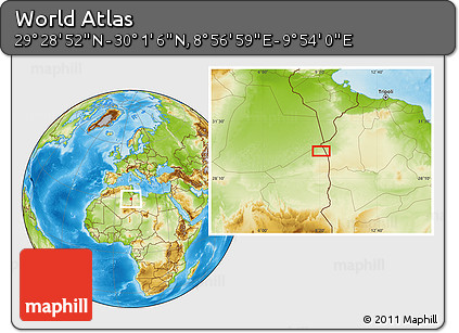 Physical Location Map of the Area around 29° 44' 59" N, 9° 25' 30" E