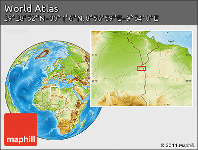 Physical Location Map of the Area around 29° 44' 59" N, 9° 25' 30" E