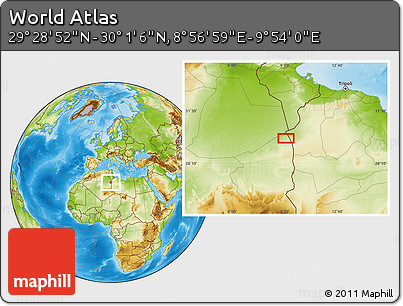 Physical Location Map of the Area around 29° 44' 59" N, 9° 25' 30" E