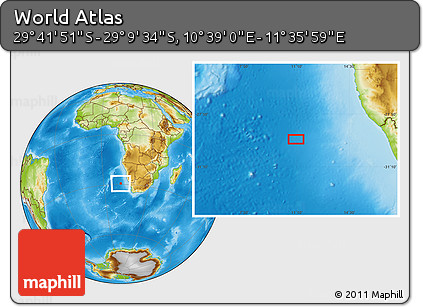 Physical Location Map of the Area around 29° 25' 43" S, 11° 7' 30" E