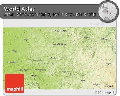 Physical 3D Map of the Area around 29° 25' 43" S, 150° 31' 30" E