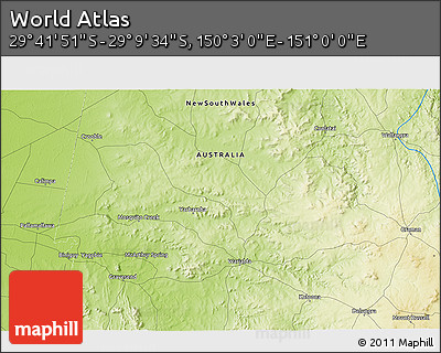 Physical 3D Map of the Area around 29° 25' 43" S, 150° 31' 30" E