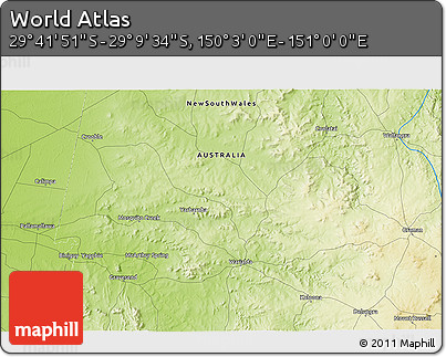 Physical 3D Map of the Area around 29° 25' 43" S, 150° 31' 30" E