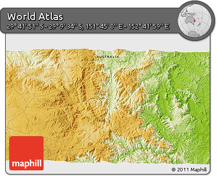 Physical 3D Map of the Area around 29° 25' 43" S, 152° 13' 29" E