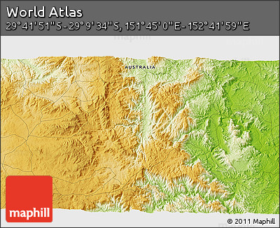 Physical 3D Map of the Area around 29° 25' 43" S, 152° 13' 29" E