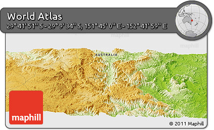 Physical Panoramic Map of the Area around 29° 25' 43" S, 152° 13' 29" E