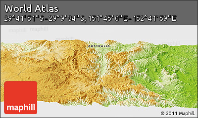 Physical Panoramic Map of the Area around 29° 25' 43" S, 152° 13' 29" E