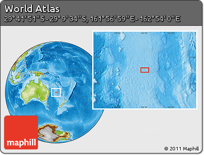 Physical Location Map of the Area around 29° 25' 43" S, 162° 25' 30" E