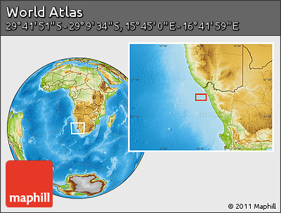 Physical Location Map of the Area around 29° 25' 43" S, 16° 13' 30" E