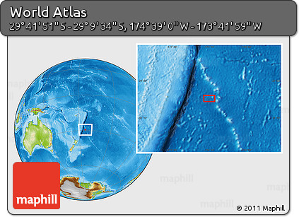 Physical Location Map of the Area around 29° 25' 43" S, 174° 10' 30" W