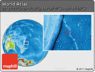 Physical Location Map of the Area around 29° 25' 43" S, 174° 10' 30" W