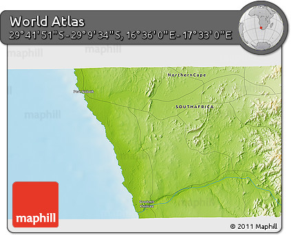 Physical 3D Map of the Area around 29° 25' 43" S, 17° 4' 30" E