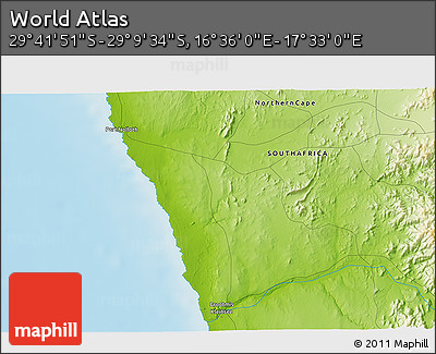 Physical 3D Map of the Area around 29° 25' 43" S, 17° 4' 30" E