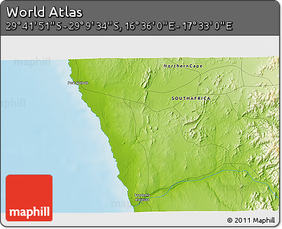 Physical 3D Map of the Area around 29° 25' 43" S, 17° 4' 30" E