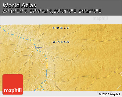 Physical 3D Map of the Area around 29° 25' 43" S, 21° 19' 30" E