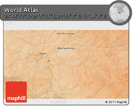 Satellite 3D Map of the Area around 29° 25' 43" S, 21° 19' 30" E