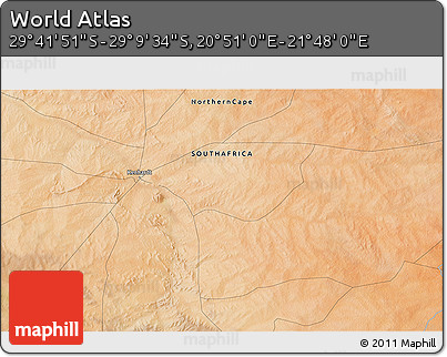 Satellite 3D Map of the Area around 29° 25' 43" S, 21° 19' 30" E