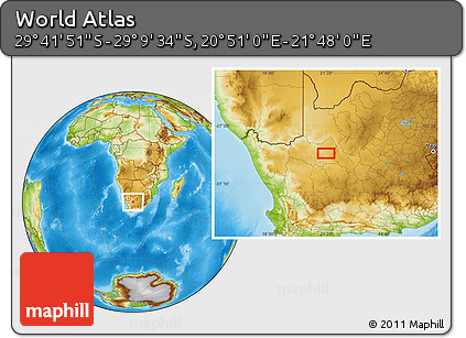 Physical Location Map of the Area around 29° 25' 43" S, 21° 19' 30" E