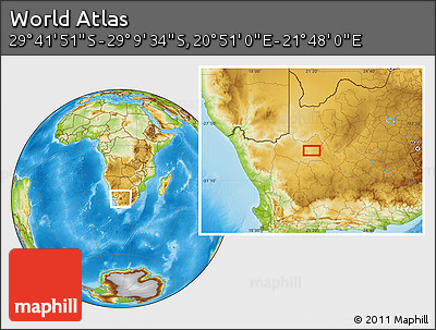 Physical Location Map of the Area around 29° 25' 43" S, 21° 19' 30" E