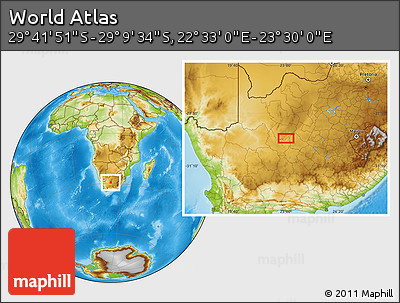 Physical Location Map of the Area around 29° 25' 43" S, 23° 1' 29" E