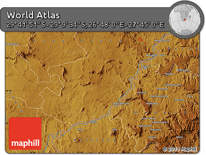 Physical Map of the Area around 29° 25' 43" S, 27° 16' 29" E
