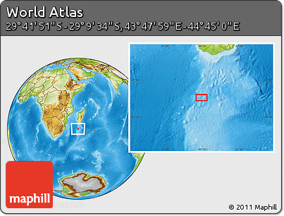 Physical Location Map of the Area around 29° 25' 43" S, 44° 16' 29" E