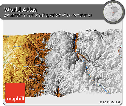 Physical 3D Map of the Area around 29° 25' 43" S, 70° 28' 29" W
