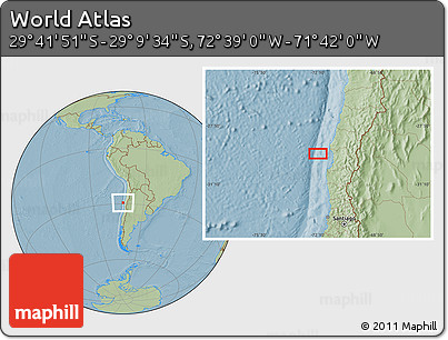 Savanna Style Location Map of the Area around 29° 25' 43" S, 72° 10' 30" W, hill shading