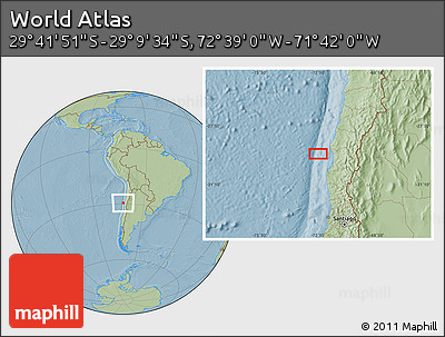 Savanna Style Location Map of the Area around 29° 25' 43" S, 72° 10' 30" W, hill shading