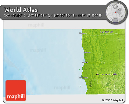 Physical 3D Map of the Area around 29° 54' 34" S, 114° 49' 29" E