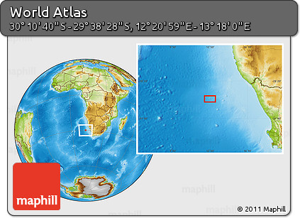 Physical Location Map of the Area around 29° 54' 34" S, 12° 49' 29" E