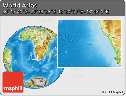 Physical Location Map of the Area around 29° 54' 34" S, 12° 49' 29" E
