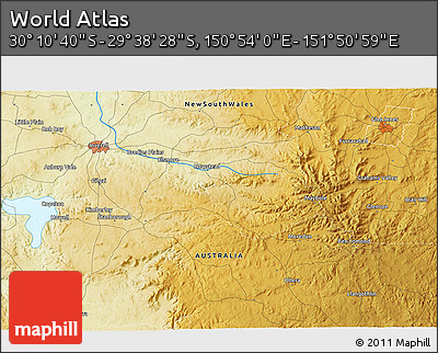 Physical 3D Map of the Area around 29° 54' 34" S, 151° 22' 30" E