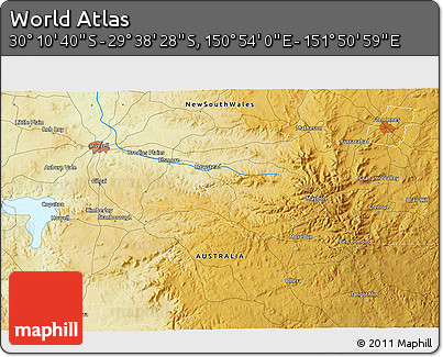 Physical 3D Map of the Area around 29° 54' 34" S, 151° 22' 30" E