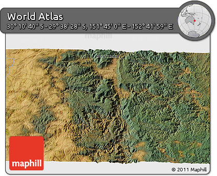 Satellite 3D Map of the Area around 29° 54' 34" S, 152° 13' 29" E