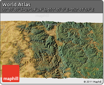 Satellite 3D Map of the Area around 29° 54' 34" S, 152° 13' 29" E