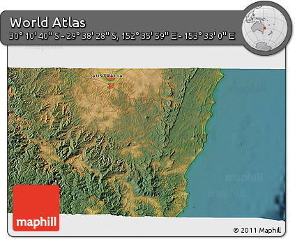 Satellite 3D Map of the Area around 29° 54' 34" S, 153° 4' 29" E