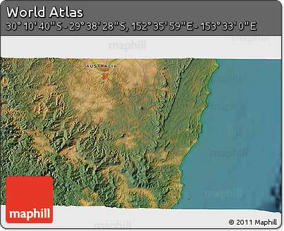 Satellite 3D Map of the Area around 29° 54' 34" S, 153° 4' 29" E