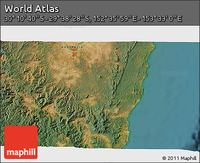Satellite 3D Map of the Area around 29° 54' 34" S, 153° 4' 29" E