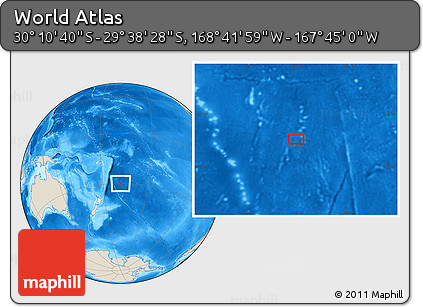 Shaded Relief Location Map of the Area around 29° 54' 34" S, 168° 13' 29" W