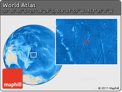 Shaded Relief Location Map of the Area around 29° 54' 34" S, 168° 13' 29" W