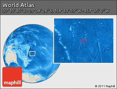 Shaded Relief Location Map of the Area around 29° 54' 34" S, 168° 13' 29" W