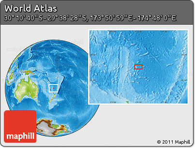 Physical Location Map of the Area around 29° 54' 34" S, 174° 19' 29" E